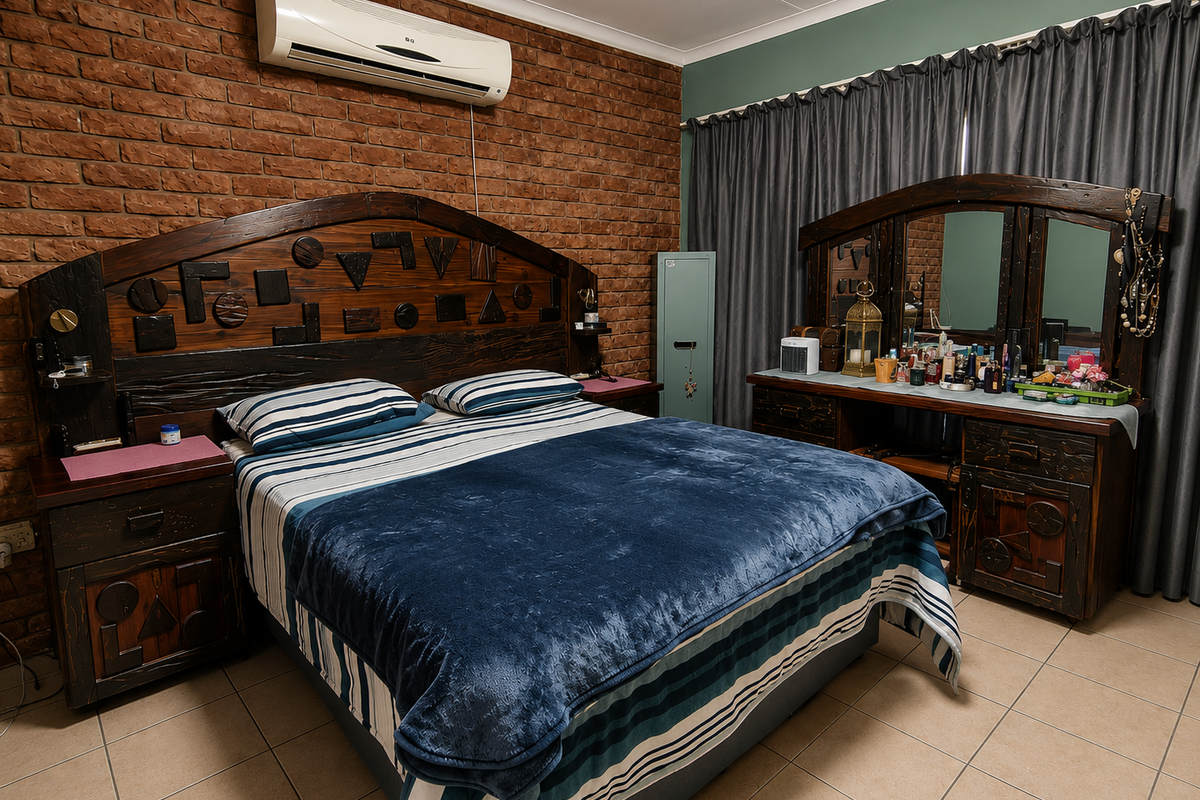 A bedroom featuring an exposed brick feature wall, tiled flooring, and a wall-mounted split-system air conditioning unit.