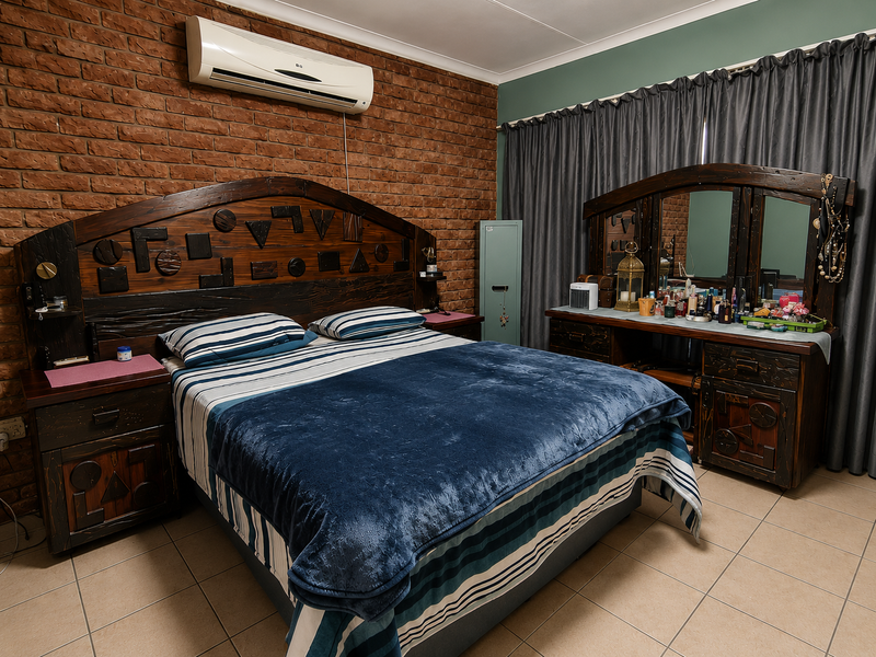 A bedroom featuring an exposed brick feature wall, tiled flooring, and a wall-mounted split-system air conditioning unit.