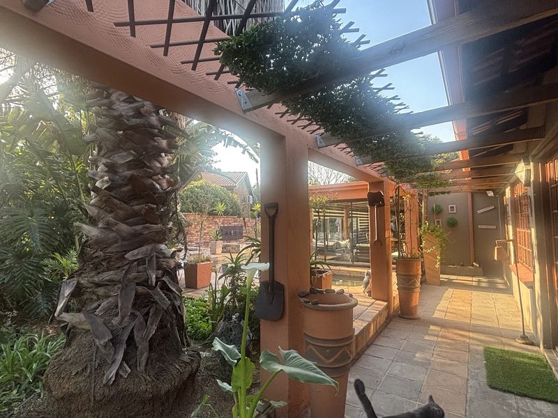 A covered outdoor patio area featuring a timber pergola, tiled flooring, and direct access to the home through sliding glass doors.
