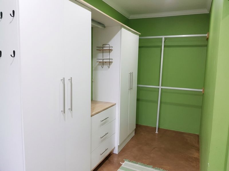 A clean, empty bedroom featuring built-in white cabinetry with integrated drawers and hanging rails, finished with green painted walls.