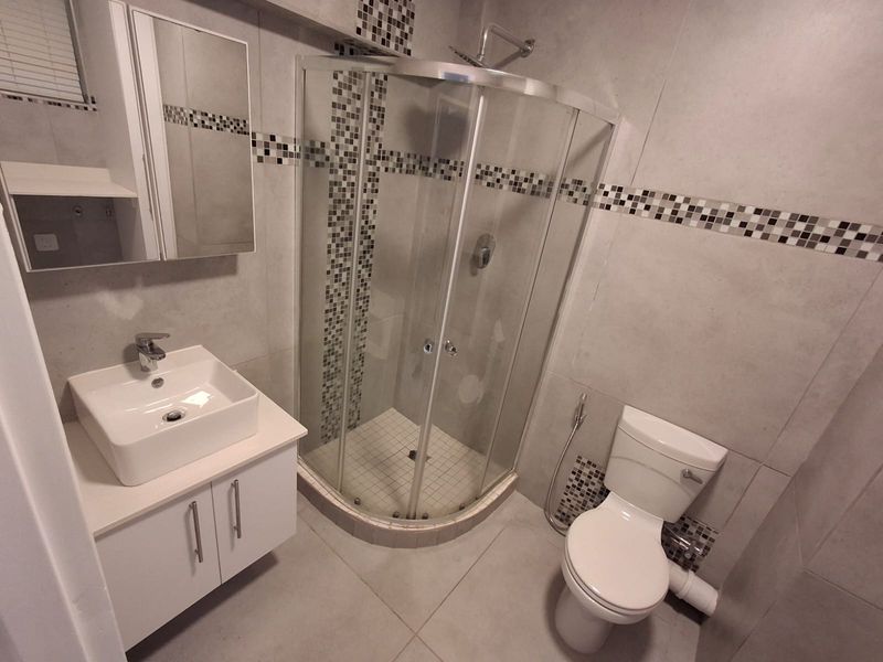 A modern, well-maintained bathroom featuring a corner shower enclosure, a sleek vessel sink with vanity storage, and a standard toilet with bidet spray.