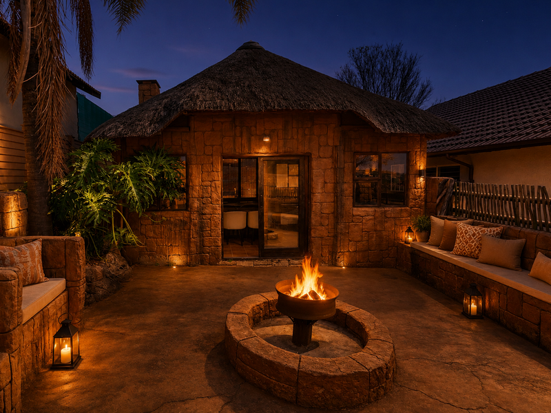A beautifully lit outdoor patio area featuring a thatched roof structure, stone-clad walls, built-in stone seating, and a central fire pit.