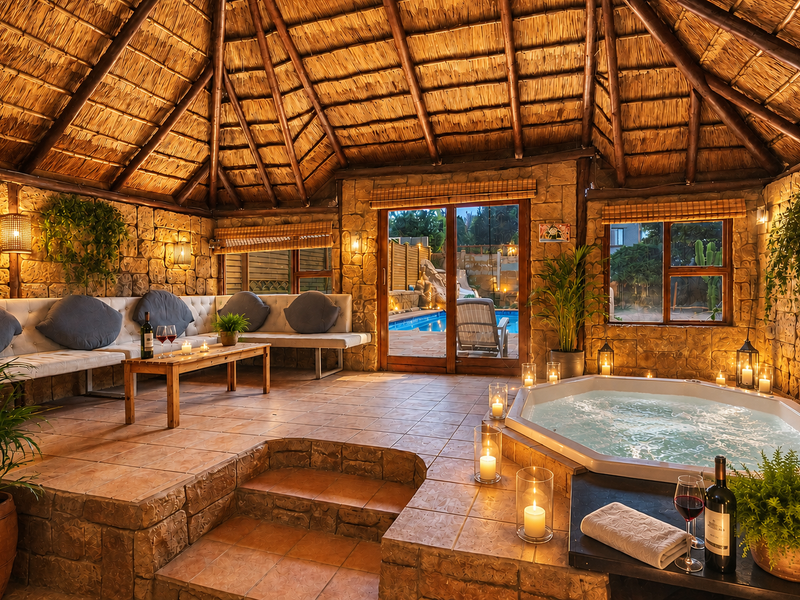 An inviting indoor entertainment area featuring a thatched roof, stone-clad walls, built-in seating, and a sunken jacuzzi with direct access to the pool area.