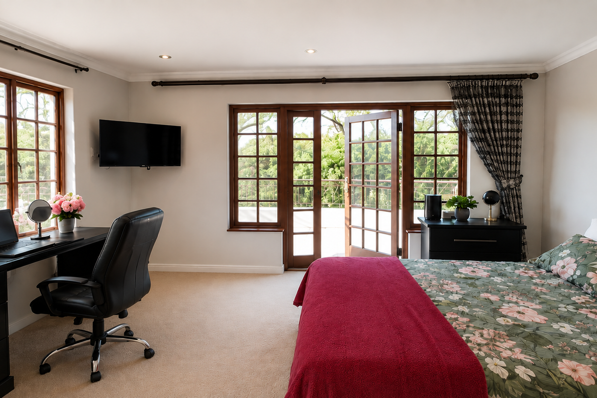 Spacious bedroom featuring neutral walls, carpeted flooring, recessed lighting, and wooden-framed french doors providing access to an outdoor balcony area.