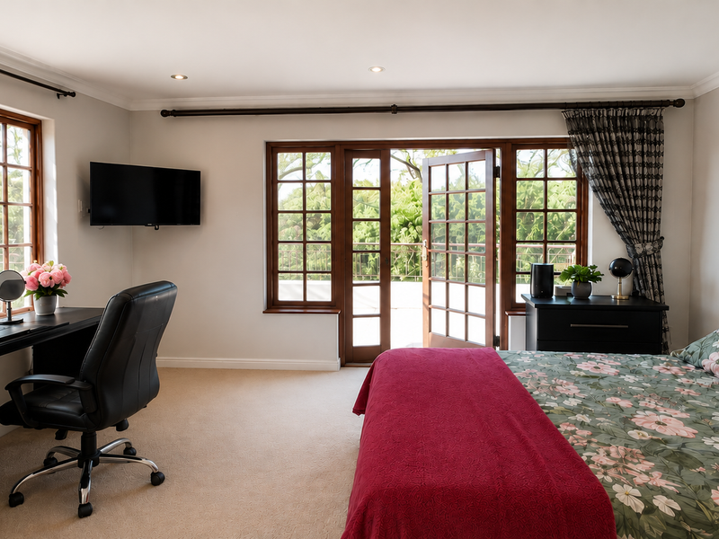 Spacious bedroom featuring neutral walls, carpeted flooring, recessed lighting, and wooden-framed french doors providing access to an outdoor balcony area.