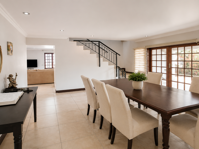 Spacious dining area featuring tiled floors, recessed lighting, and direct access to the outdoors through french doors, with an adjacent staircase.