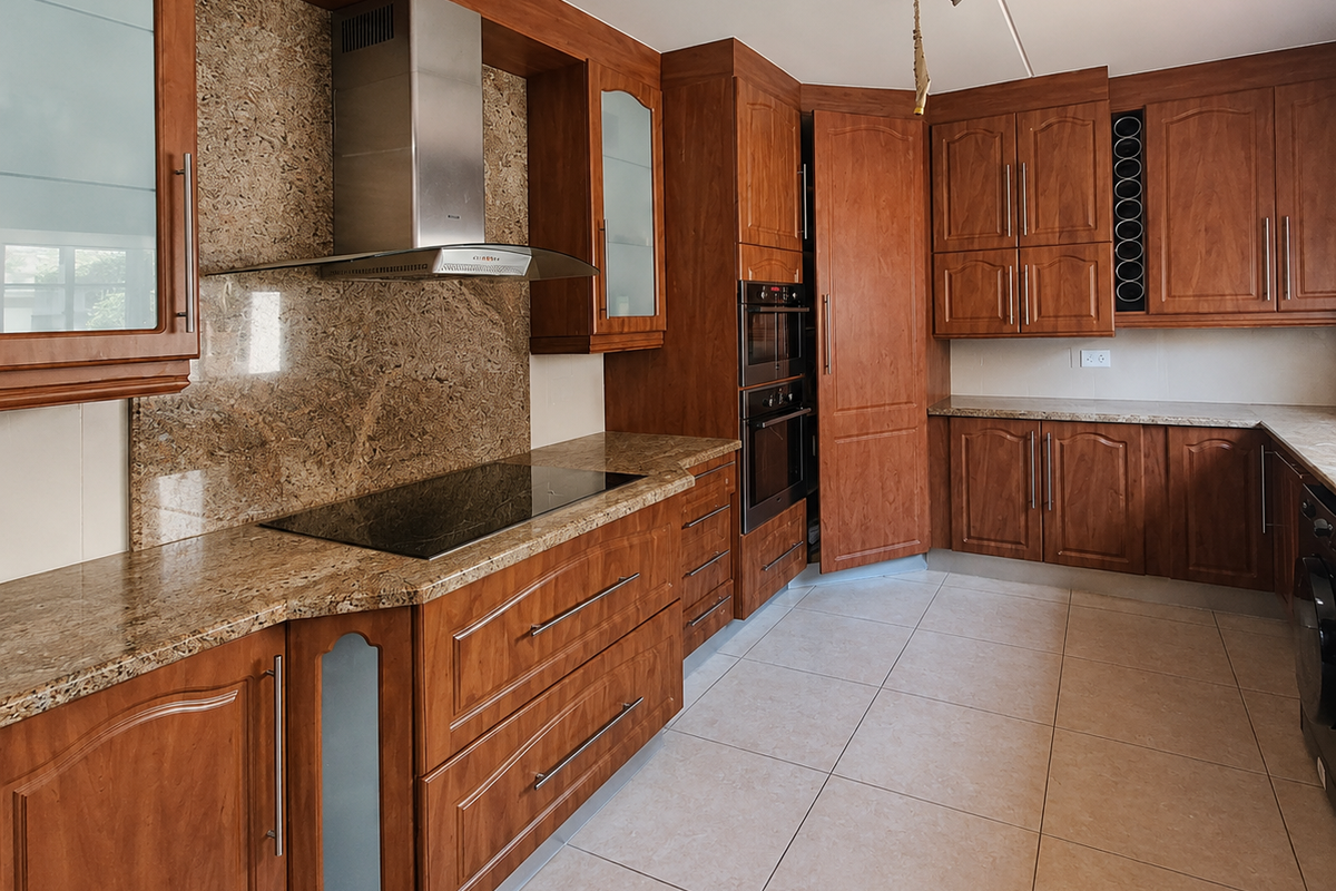 A spacious kitchen featuring warm-toned wooden cabinetry, granite countertops, integrated appliances, and neutral ceramic floor tiles.