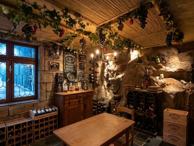 A rustic, atmospheric wine cellar featuring natural stone walls, bamboo ceiling detailing, leaded glass windows, and extensive built-in wine storage racking.