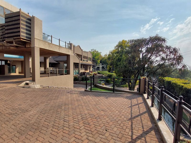 A spacious paved rear courtyard and raised patio area overlooking a landscaped garden and mature trees.