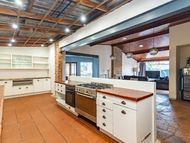 Spacious open-plan kitchen and living area featuring exposed timber ceiling beams, terracotta tiling, and a central gas cooktop with timber countertops.