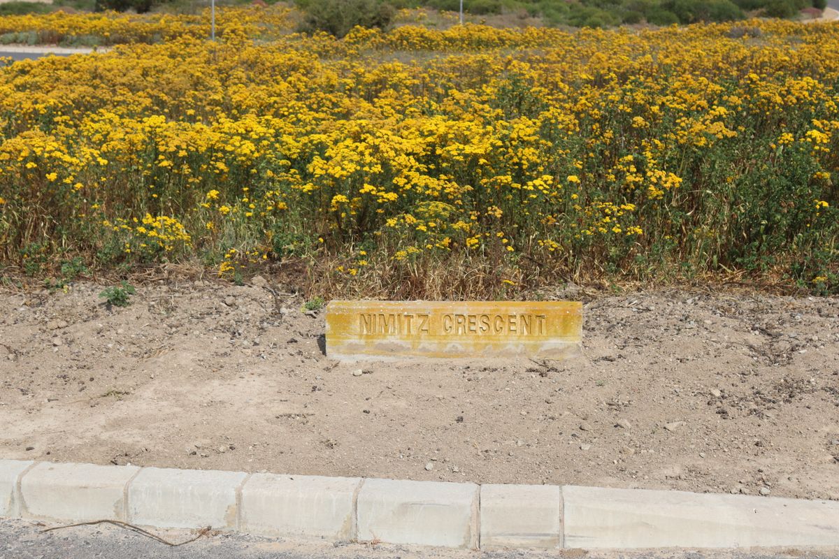 A street-level view of a vacant residential plot featuring a concrete curb and a street name marker for Nimitz Crescent.