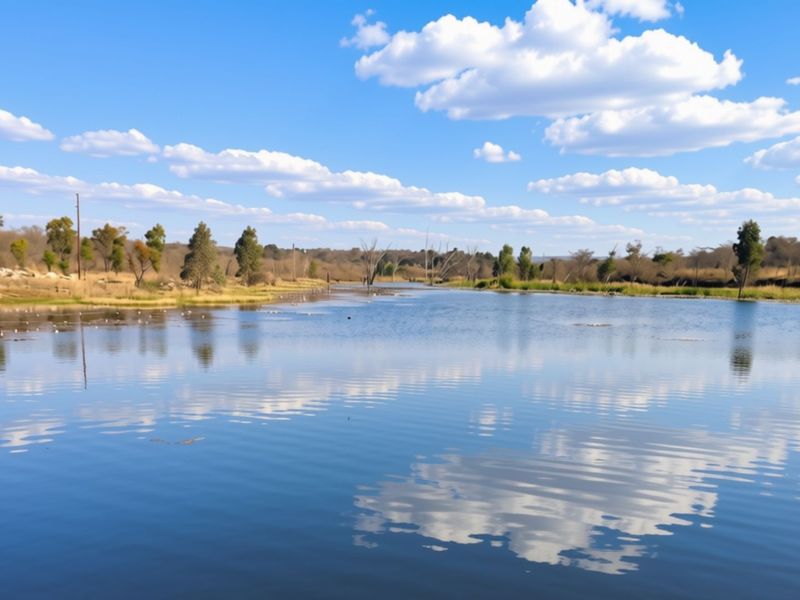 A scenic view of a natural dam on the farm property, featuring calm water reflecting the sky and surrounding landscape.