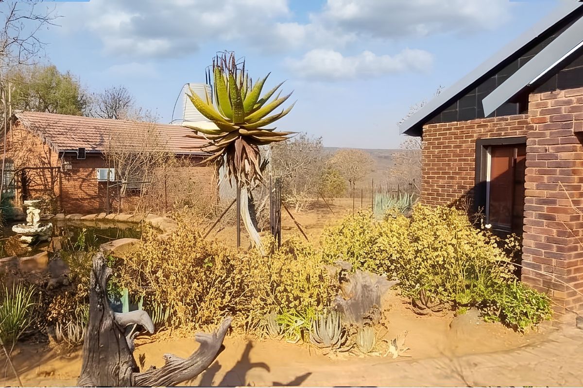 Rear exterior view of a face brick farm dwelling featuring a garden with a water feature, paved pathways, and a water tank.