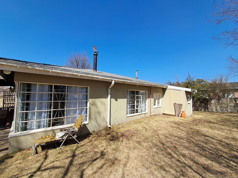 Rear view of the house featuring a corrugated metal roof, steel-framed windows, and a chimney, set against a large backyard area.