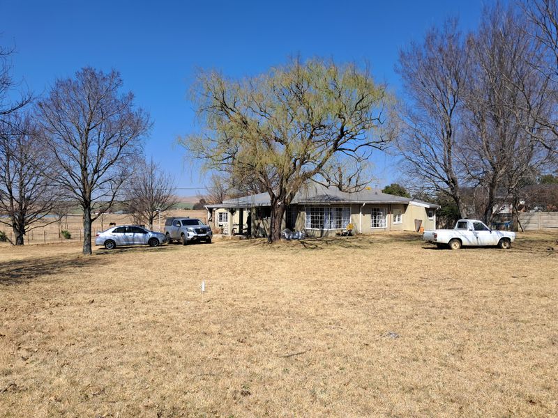 A view of the rear elevation of the house featuring a covered patio area and a spacious, established garden with mature trees.