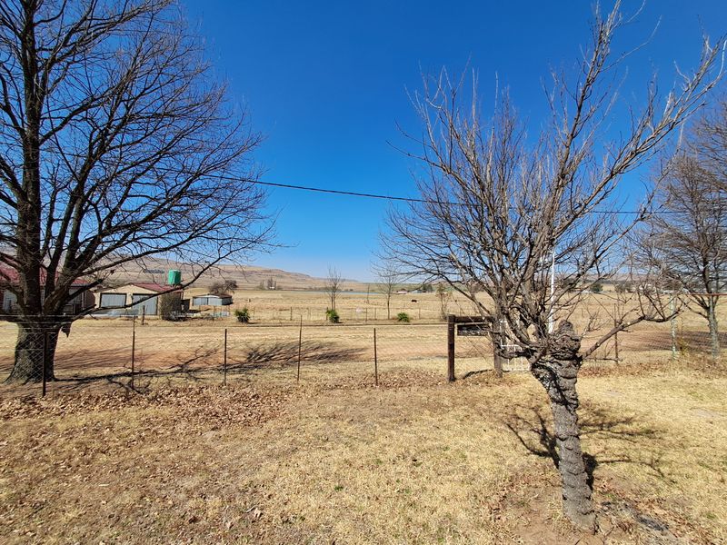 A wide-angle view of the surrounding rural landscape, featuring open fields, wire fencing, and distant hills under a clear blue sky.