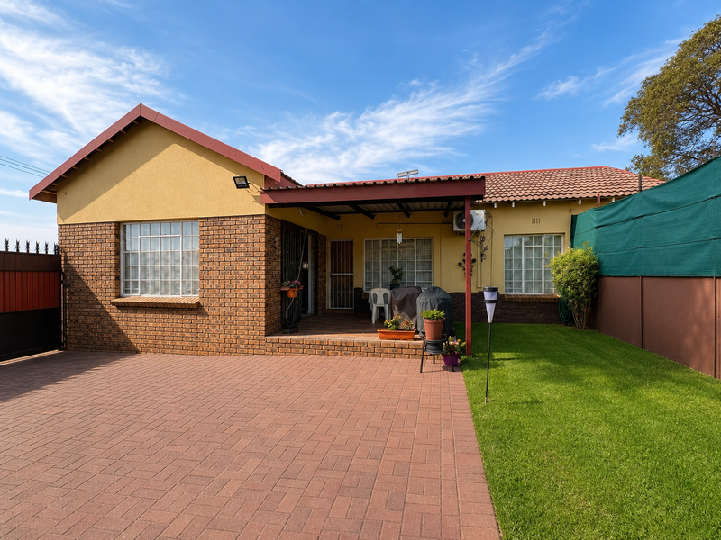 Rear view of the townhouse featuring a paved driveway, covered patio area, well-maintained lawn, and secure perimeter fencing.