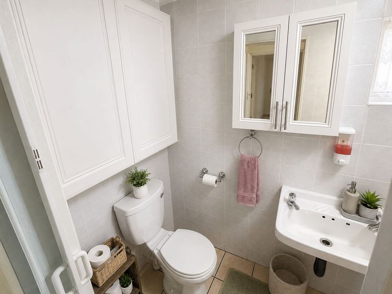 A compact, well-maintained bathroom featuring neutral wall tiles, a wall-mounted basin, a mirrored medicine cabinet, and overhead storage cabinetry.