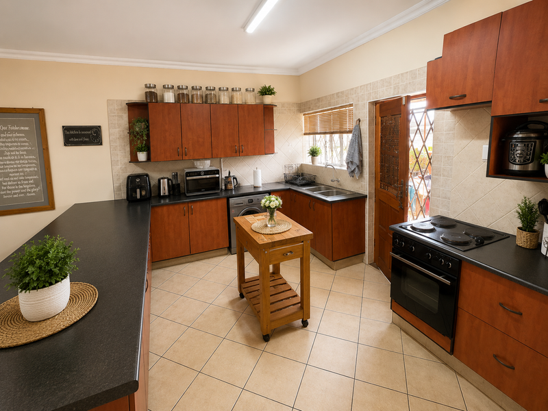 A functional kitchen featuring wood-finish cabinetry, dark countertops, tiled backsplash, and integrated appliances, with direct access to an outdoor area.