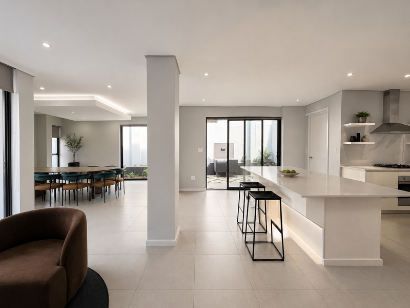 Modern open-plan living and kitchen area featuring a large island, stone countertops, integrated appliances, and seamless access to the outdoor patio.