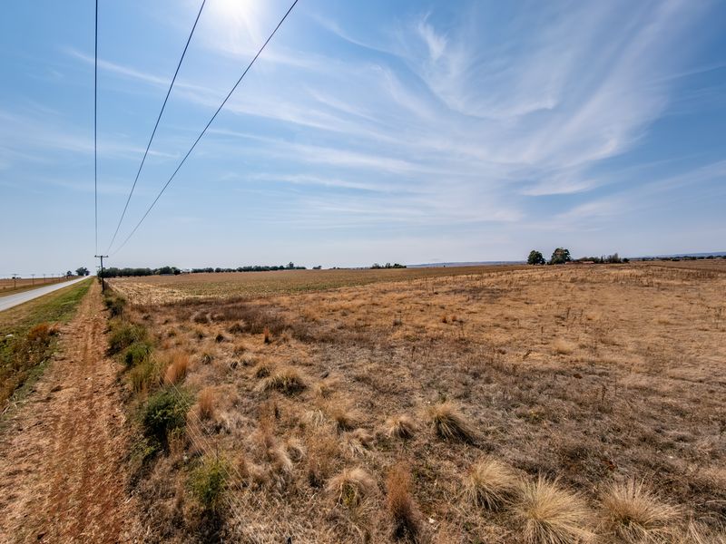 A wide-angle view of a large, vacant residential plot adjacent to a public road, featuring open grassland and overhead utility lines.