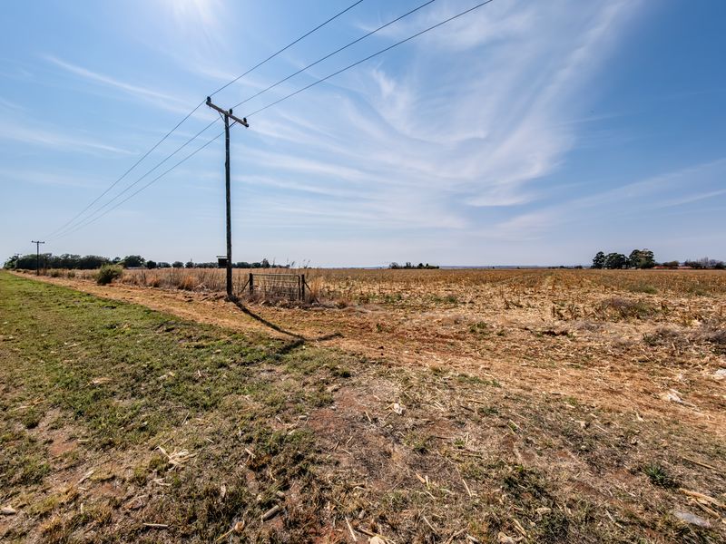 A view of a vacant residential plot featuring a utility pole, overhead power lines, and a metal gate entrance.