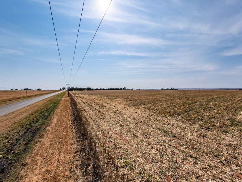 A wide-angle view of a vacant residential land plot adjacent to a paved road with overhead power lines visible.