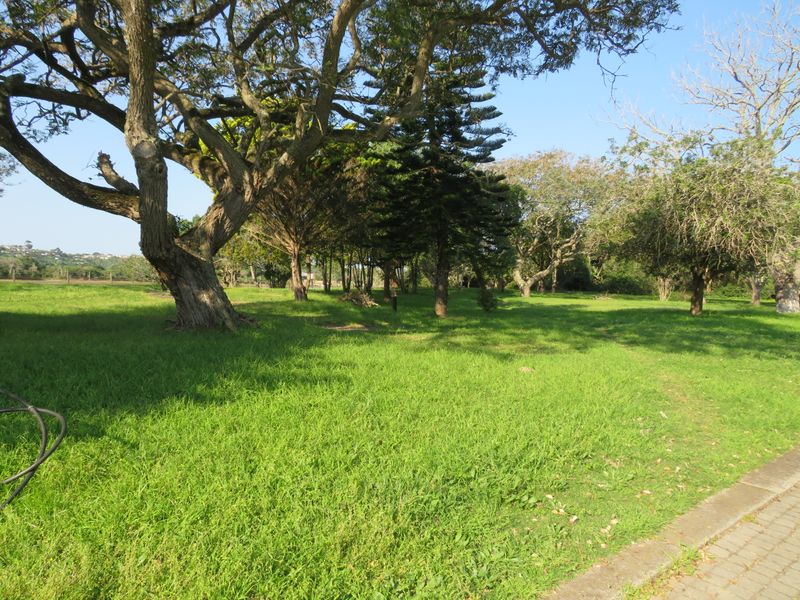 A spacious, well-maintained residential garden area featuring mature trees and lush green lawn, providing a peaceful outdoor setting.