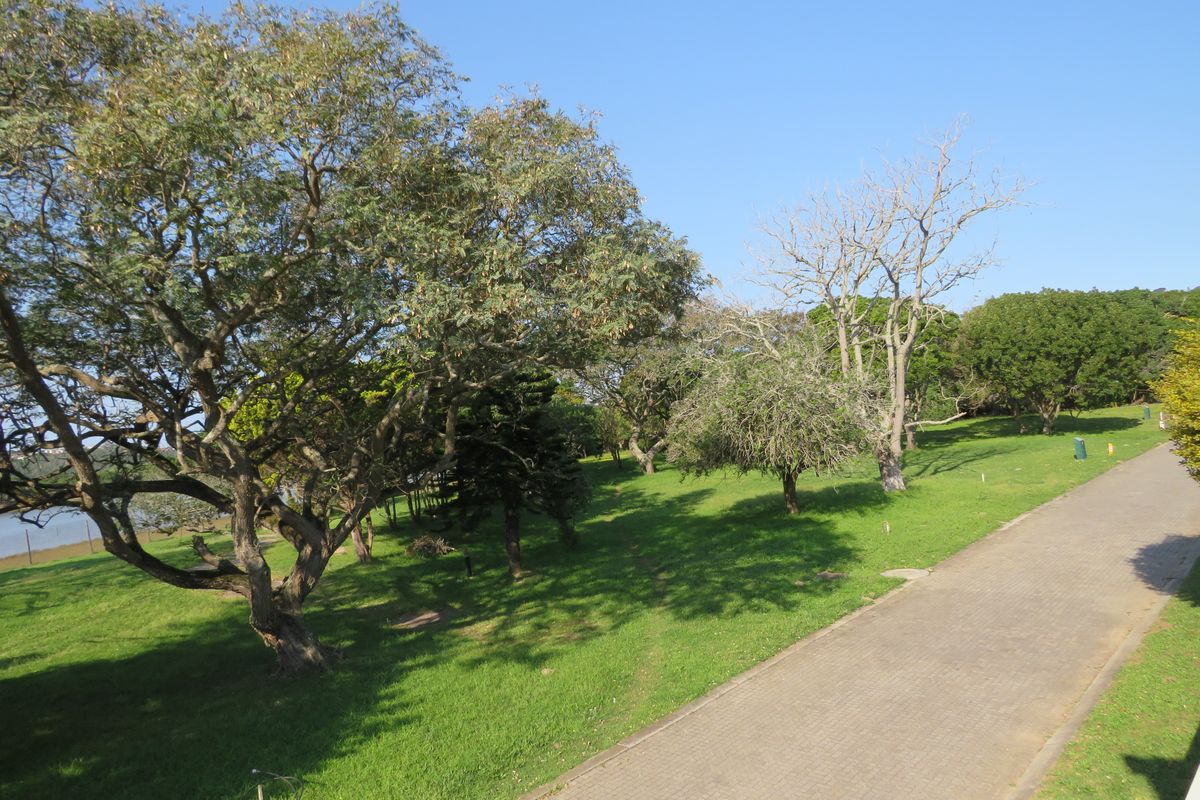 A spacious, well-maintained garden area featuring a paved walkway and mature trees, offering a peaceful outdoor setting.