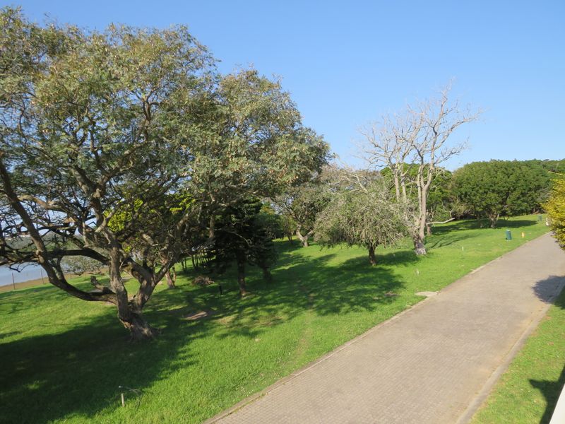 A spacious, well-maintained garden area featuring a paved walkway and mature trees, offering a peaceful outdoor setting.