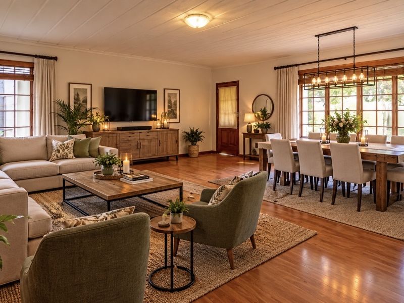 Spacious open-plan living and dining area featuring warm hardwood flooring, large timber-framed windows, and elegant pendant lighting, creating a welcoming and cohesive atmosphere.
