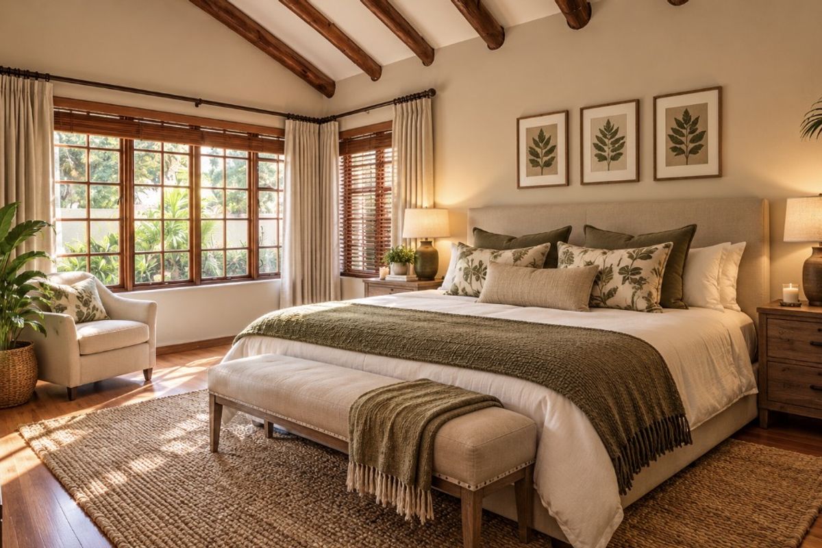 A beautifully appointed bedroom featuring exposed timber ceiling beams, warm hardwood flooring, and large timber-framed windows that provide ample natural light.