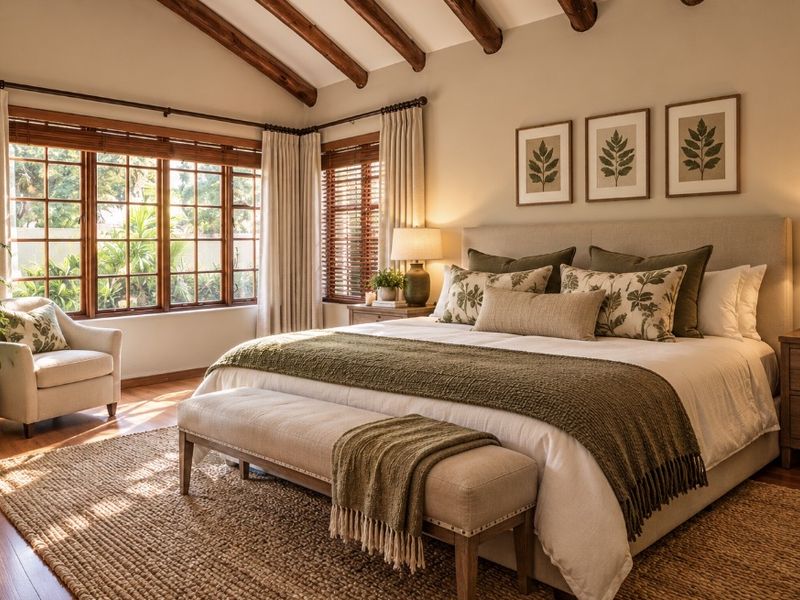 A beautifully appointed bedroom featuring exposed timber ceiling beams, warm hardwood flooring, and large timber-framed windows that provide ample natural light.