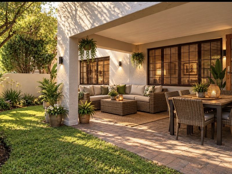 A well-maintained covered patio featuring paved flooring, recessed wall lighting, and direct access to a landscaped garden area.