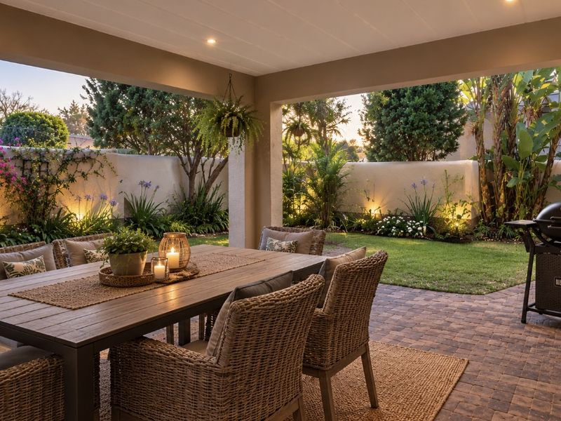 A beautifully maintained covered patio featuring paved flooring and recessed lighting, overlooking a private landscaped garden with perimeter walling.