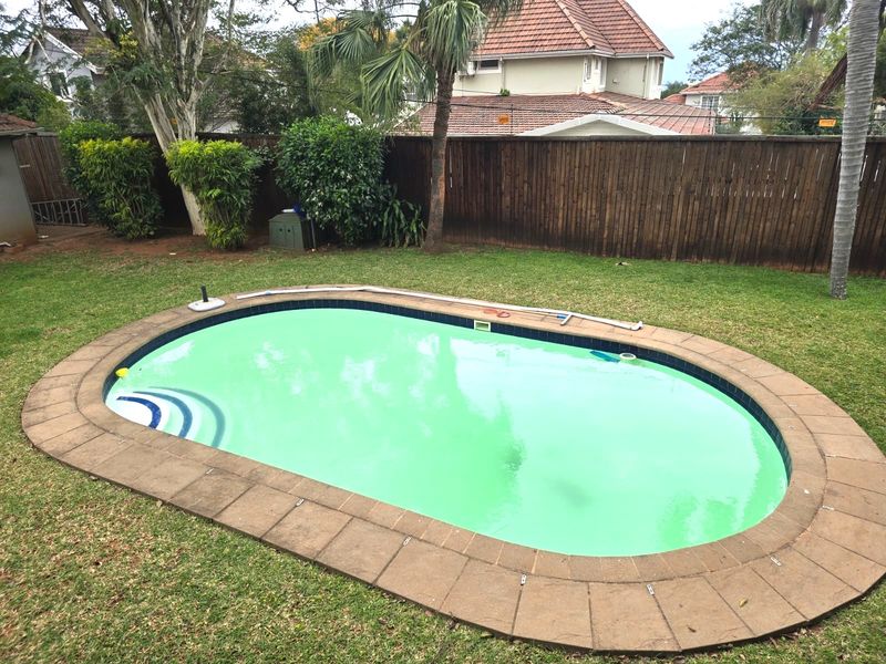 A backyard swimming pool with stone coping, surrounded by a lawn and timber boundary fencing.