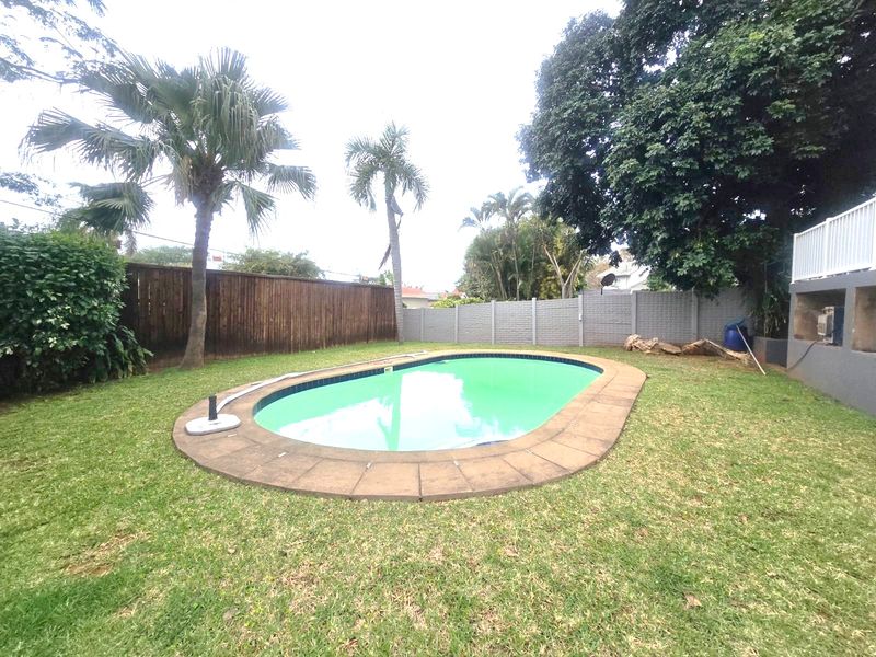A private backyard featuring an oval swimming pool with paved surround, enclosed by a combination of timber and precast concrete boundary walls.