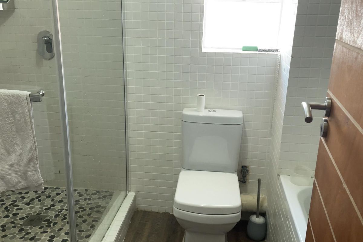 A compact bathroom featuring a glass-enclosed shower with pebble flooring, a white toilet, and tiled walls.