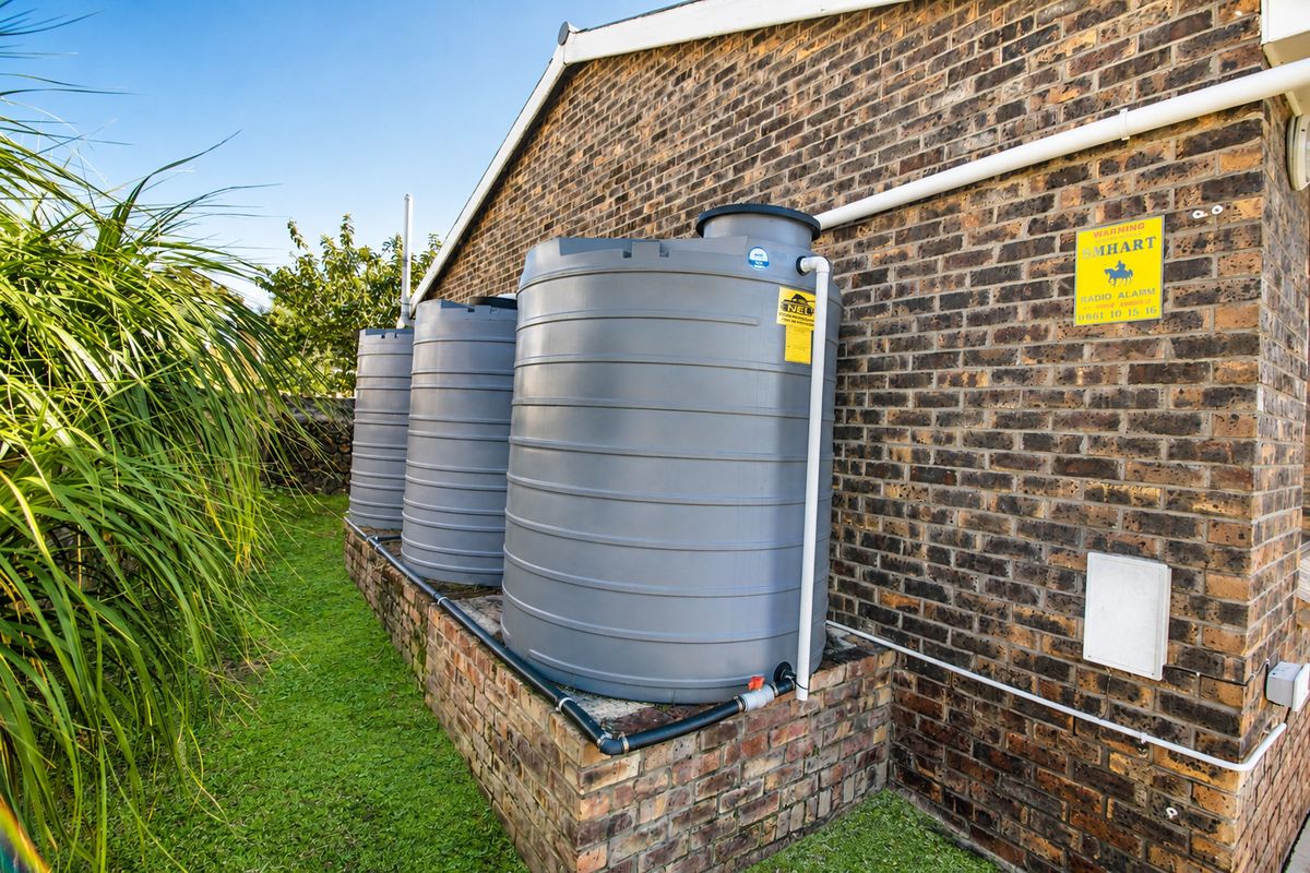 Exterior view of the property featuring a row of three grey water storage tanks installed on a raised brick plinth against the side wall.