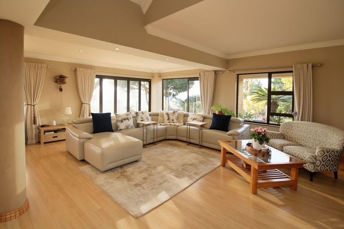 Spacious living room featuring light laminate flooring, recessed lighting, and large sliding glass doors that provide ample natural light and garden views.