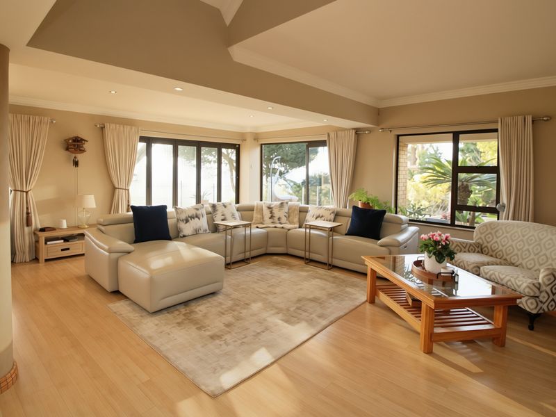 Spacious living room featuring light laminate flooring, recessed lighting, and large sliding glass doors that provide ample natural light and garden views.