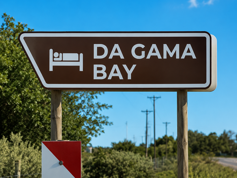 A clear road sign indicating the direction to Da Gama Bay, set against a bright blue sky and natural landscape.
