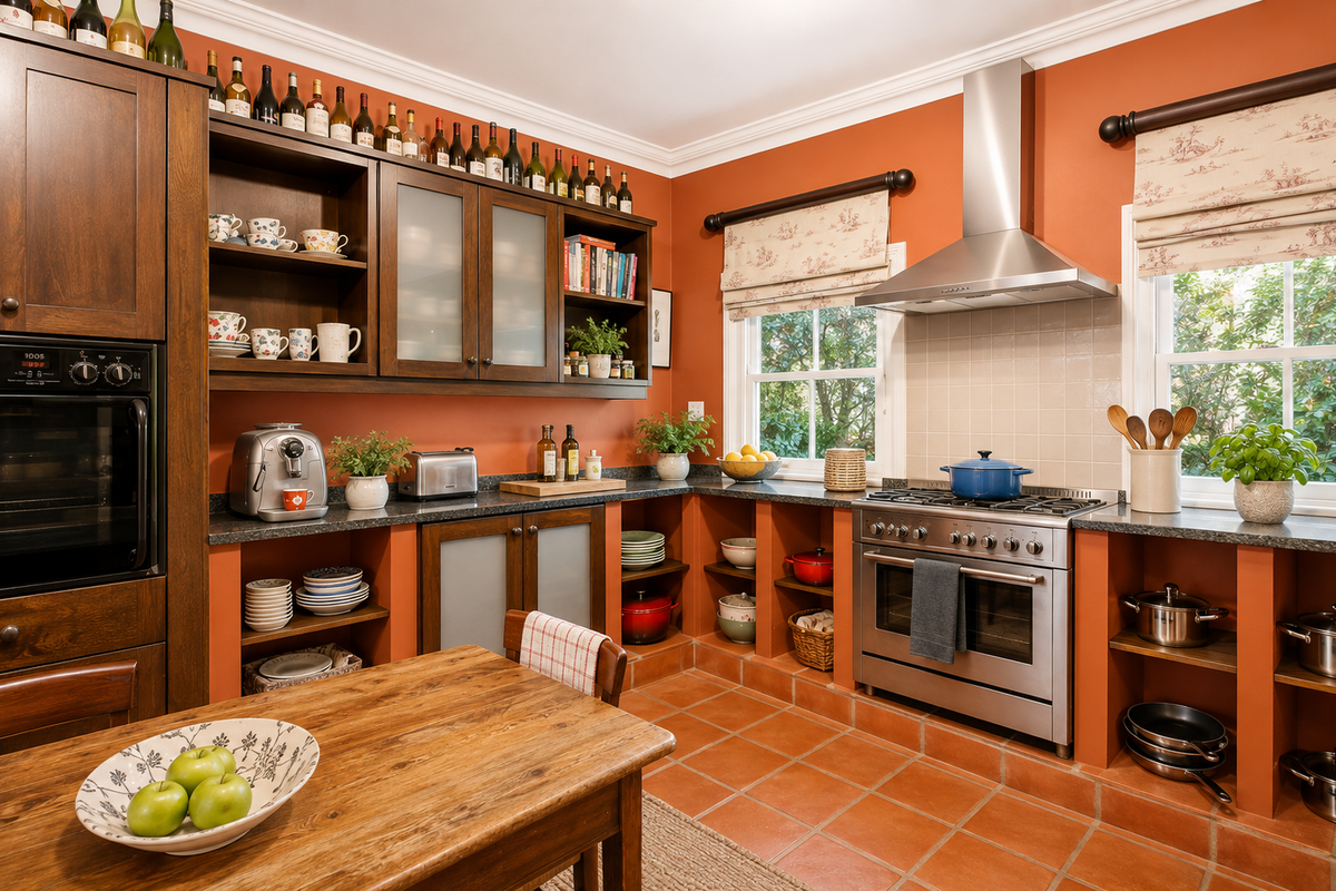 A warm-toned kitchen featuring terracotta flooring, granite countertops, stainless steel appliances, and extensive built-in cabinetry with open shelving.