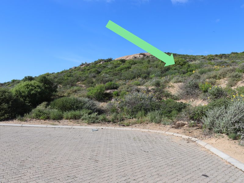 A view of a sloped, undeveloped residential plot adjacent to a paved cul-de-sac, featuring natural vegetation and rocky terrain.