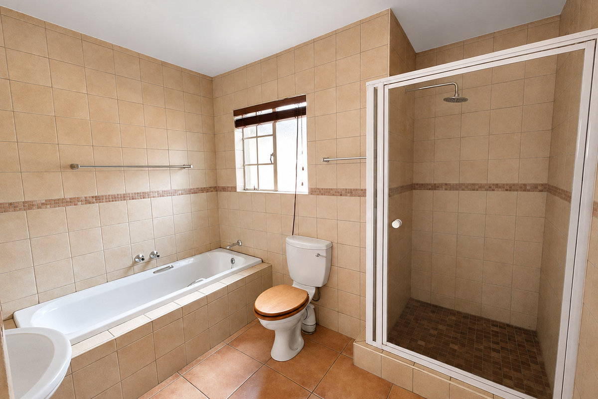 A spacious bathroom featuring a built-in bathtub, a separate shower enclosure, and neutral wall and floor tiling throughout.