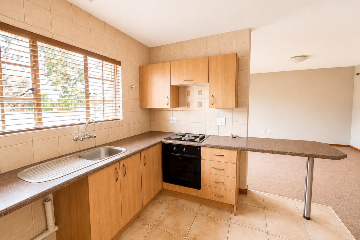 A functional kitchen featuring laminate cabinetry, built-in oven, electric hob, and a breakfast bar, seamlessly flowing into an open-plan living area.