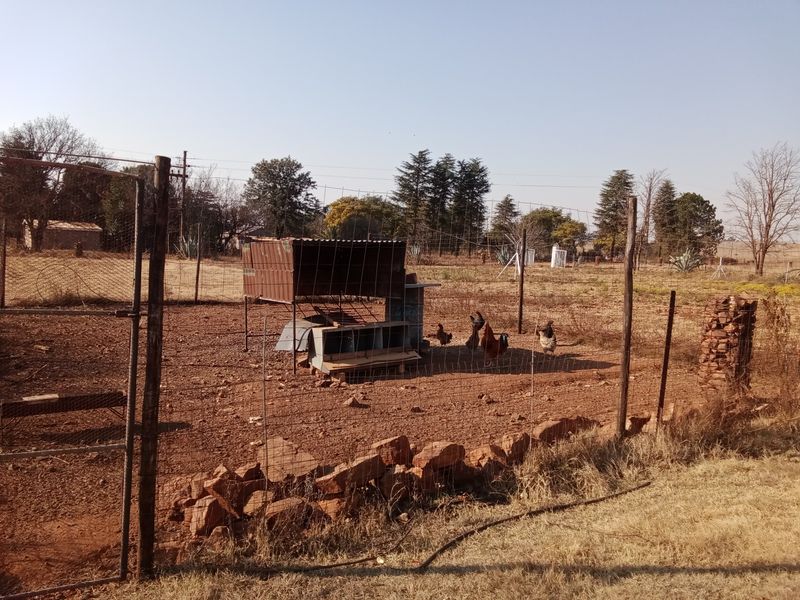 An outdoor utility area on the farm featuring a fenced enclosure with a metal chicken coop and stone boundary wall.