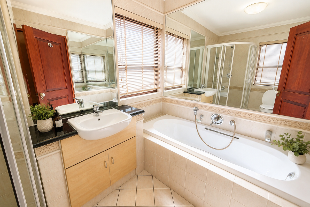 A well-maintained bathroom featuring a built-in vanity with a ceramic basin, a separate bathtub, a shower enclosure, and large wall mirrors.