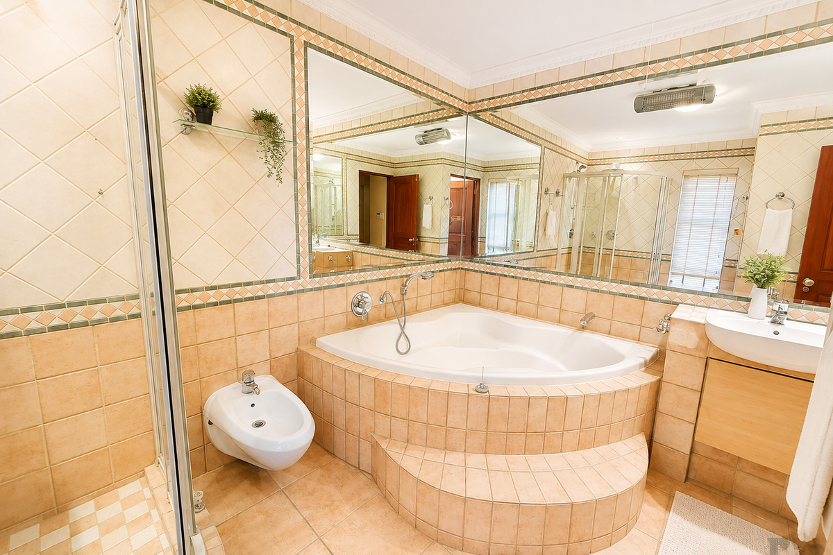 A spacious bathroom featuring a corner bathtub, bidet, glass-enclosed shower, and a large vanity mirror with classic tiled finishes.