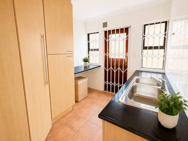 Functional scullery featuring light wood cabinetry, black granite countertops, double stainless steel sink, and direct access to the exterior via a security gate.
